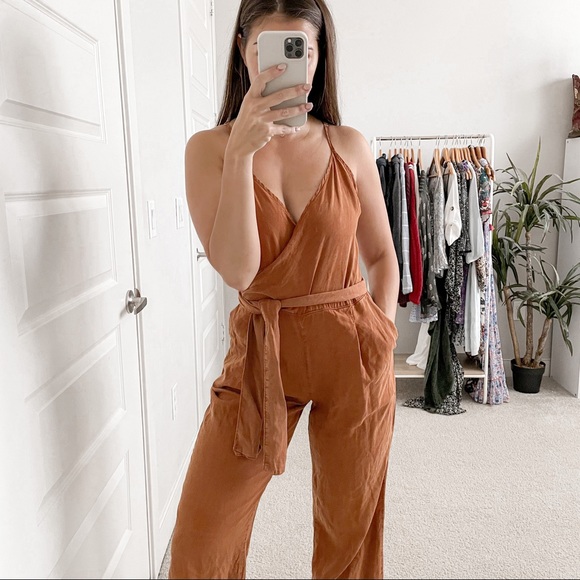 Free People Pants - Free People Belted V-Neck Jumpsuit Brown